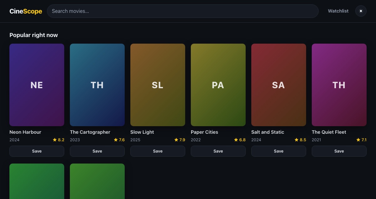 CineScope movie discovery app showing a dark responsive grid of film cards with ratings