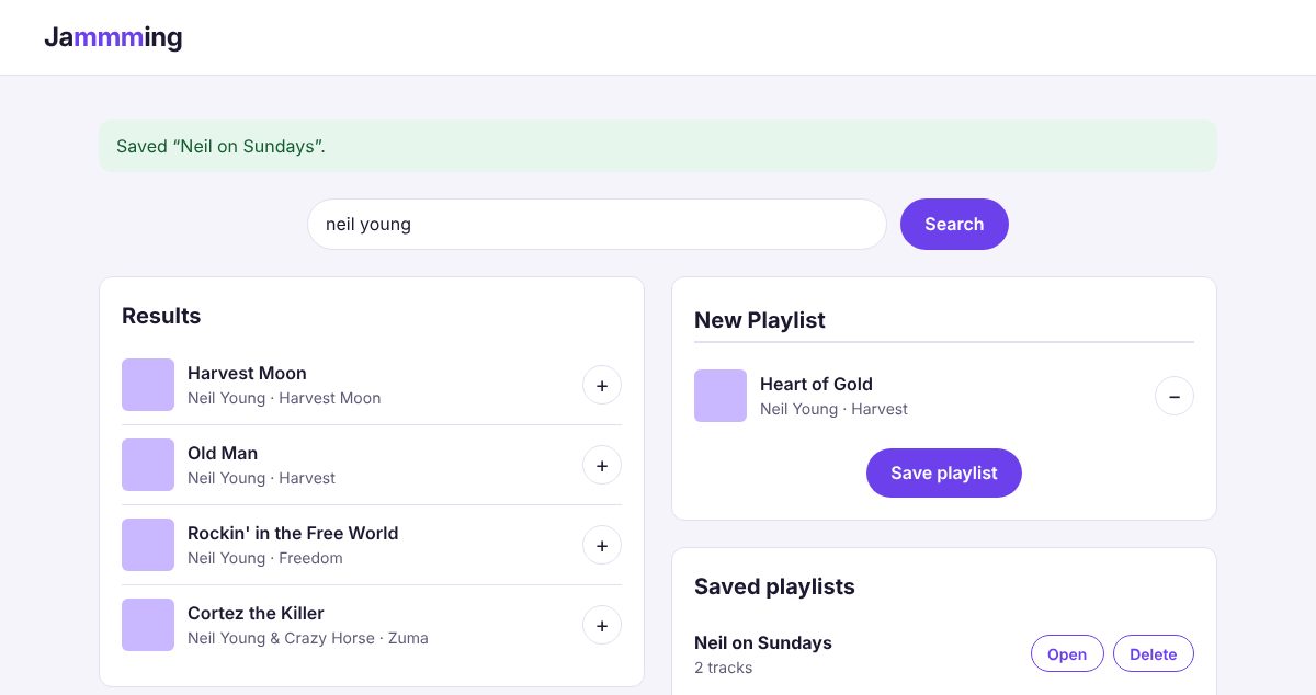 Jammming music app with song search results on the left and a playlist being built on the right