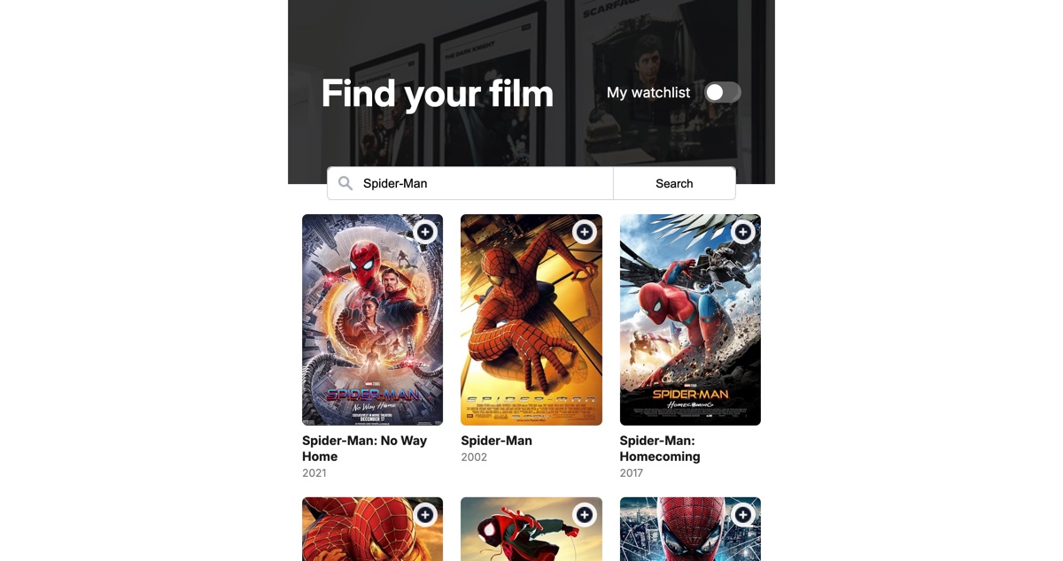 Movie search app displaying a grid of film posters returned from the OMDb API
