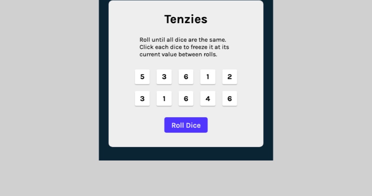 Tenzies dice game built with React, showing a grid of ten dice and a roll button